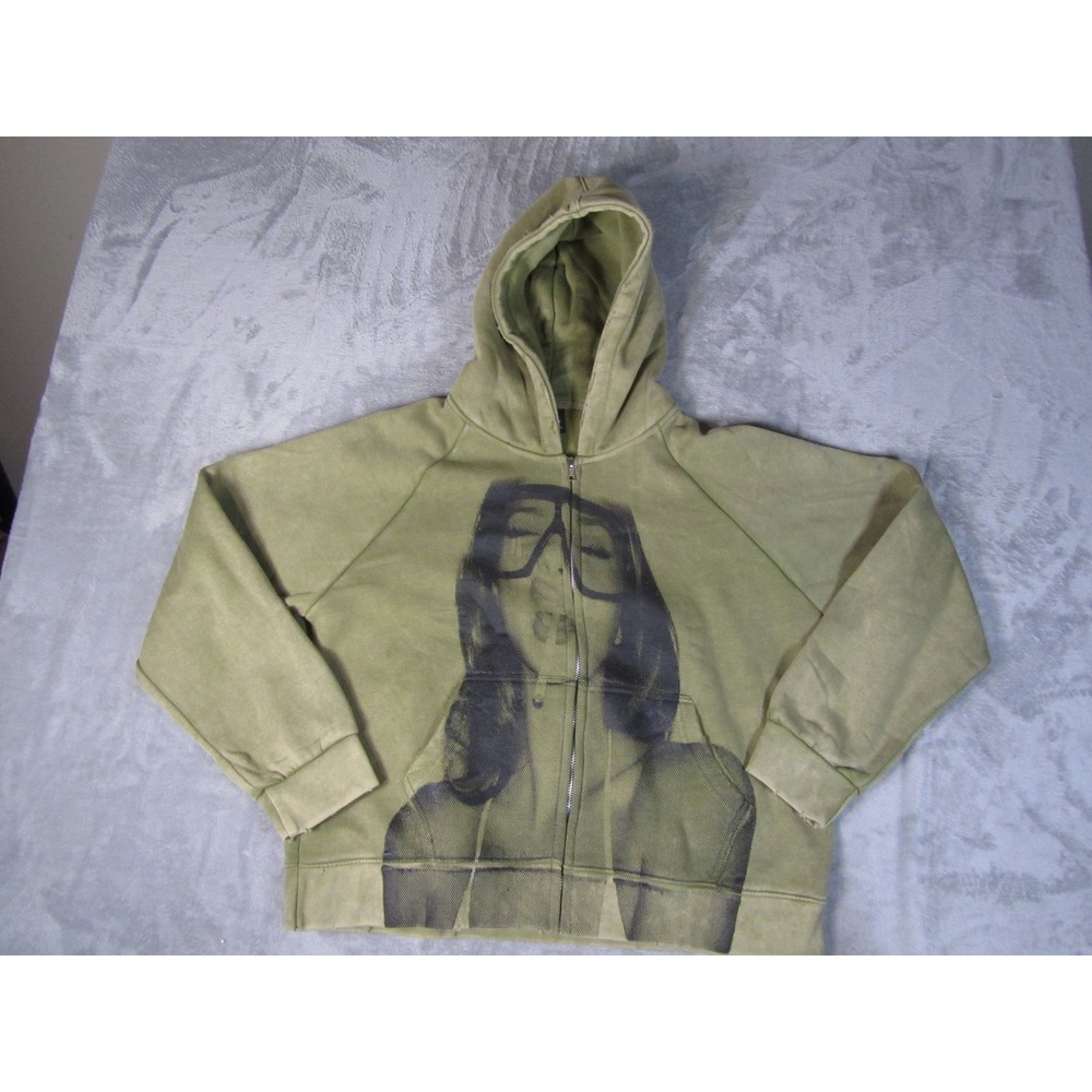 ZLTA Acid Wash Green Graphic Zip Up Hoodie Women Medium Raglan Fleece Streetwear